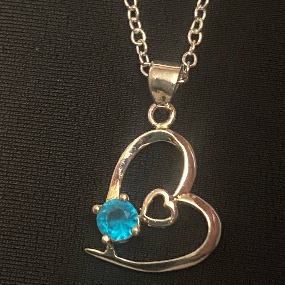 Silver Heart Pendant Necklace with Blue CZ